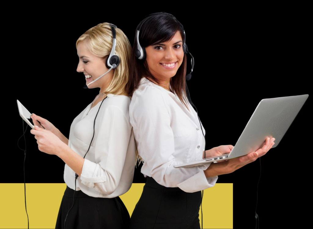 CyberCityMX call center agent wearing a headset, smiling confidently while working in a professional environment.